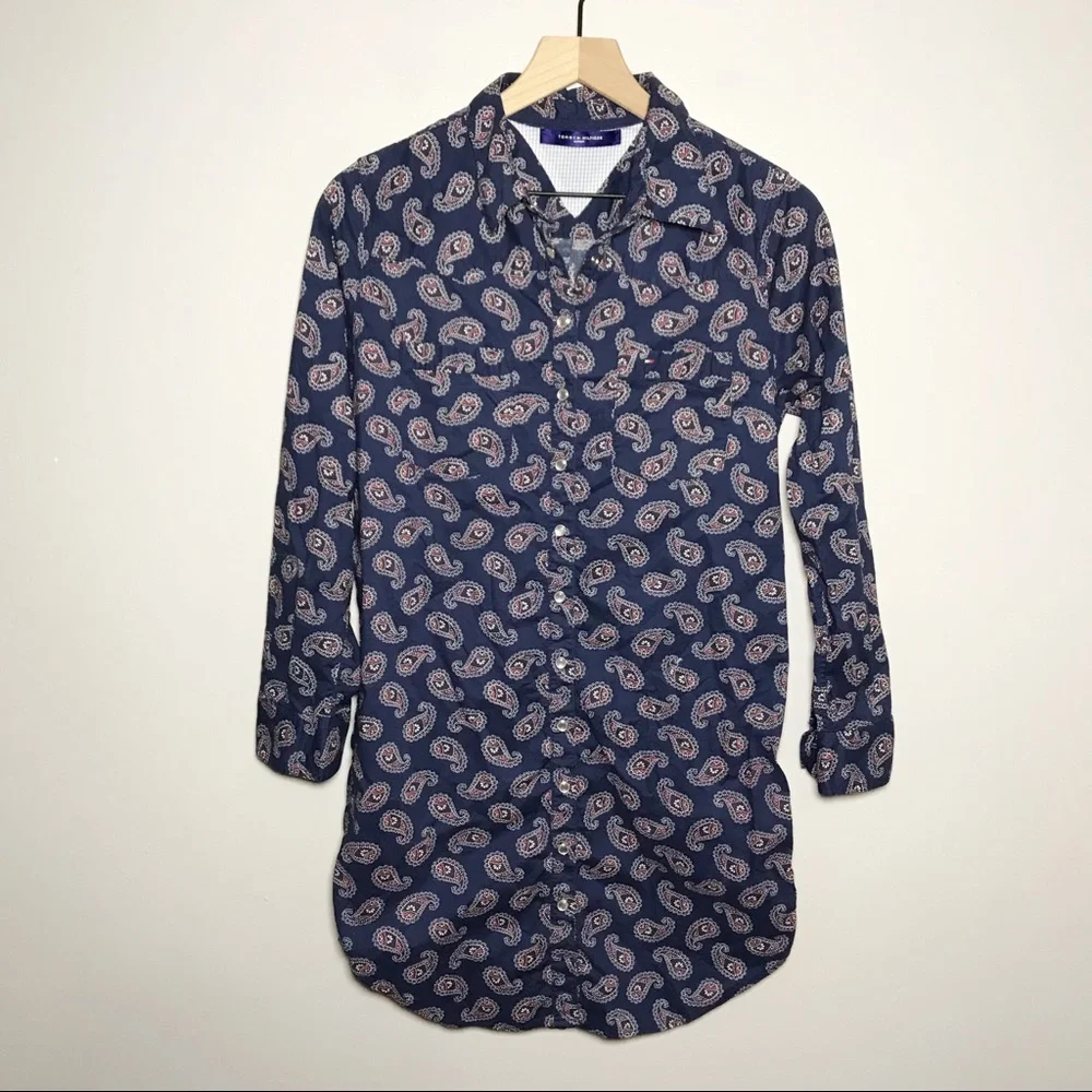 Tommy Hilfiger Pearl Snap Paisley Long Sleeve Sleep Shirt in Blue S - Picture 1 of 6